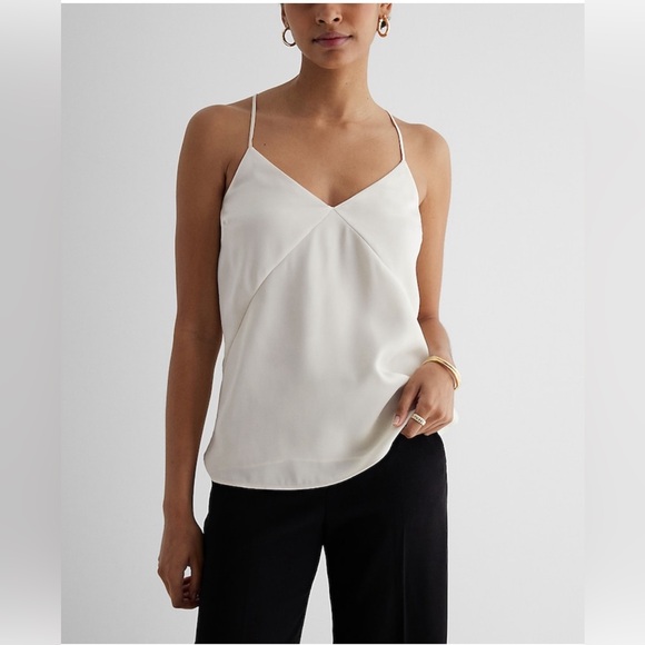 Express Cream Satin Seamed V-Neck Cross-Back Downtown Cami Size L - Picture 1 of 7